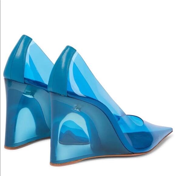 NEW Amina Muaddi Ane Pointed Toe PVC Glass Patent Wedges Heels Blue US 7.5 - Picture 3 of 13